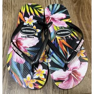 Havaianas Slim Flip Flops Tropical Floral Black Hawaii Flowers Beach NWT Sz 6